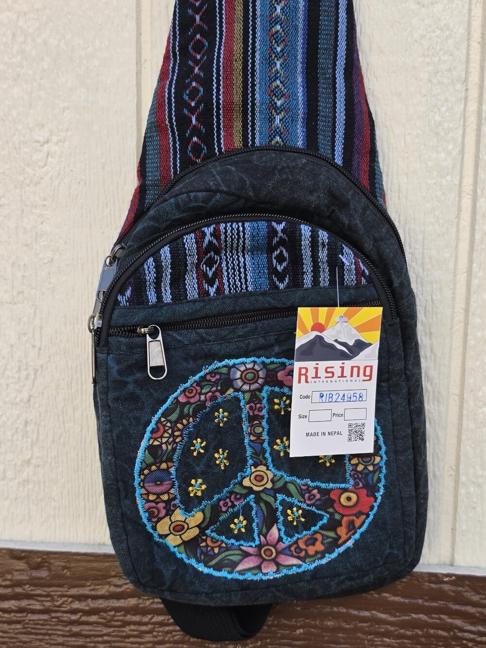 NEW!! Rising International Embroidered Peace Sign Crossbody Sling Bag, NWT